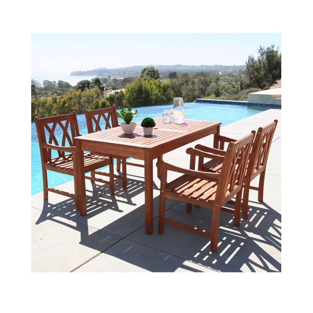 5Piece Brown Natural Wood Finish Table Outdoor Furniture Patio Dining