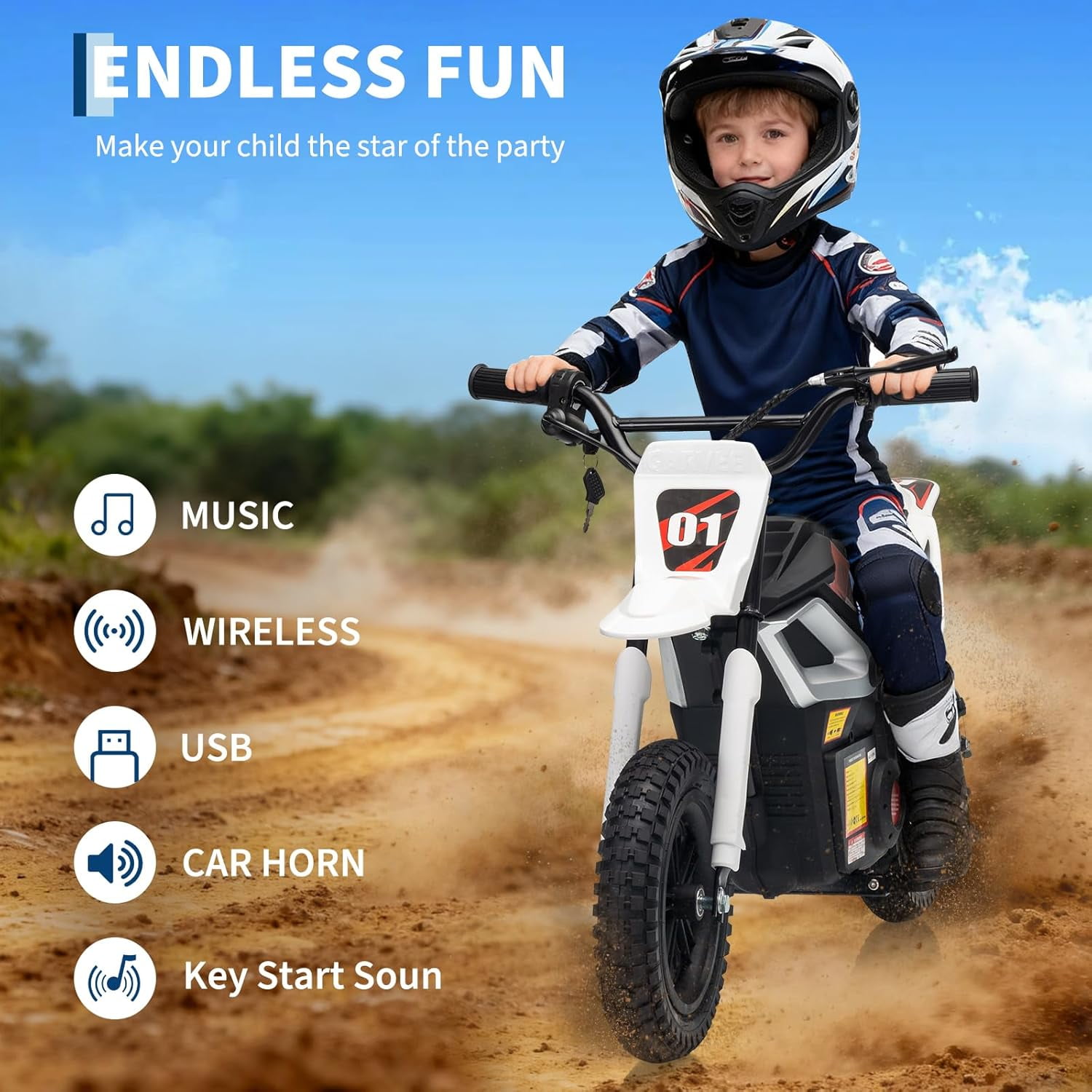 Rugerasy 24V Electric Dirt Bike,Ride on Motorcycle with Rear Wheel Suspension,12 Miles Range,Twist Grip Throttle,Rubber Tire,Birthday & Xmas Gifts,White