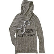 Miss Chievous Juniors' Cowl Neck Love Coffee Hate Mondays Hacci Banded Bottom Hoodie