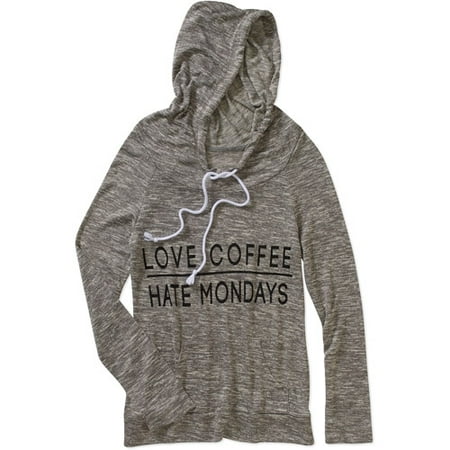 Miss Chievous Juniors' Cowl Neck Love Coffee Hate Mondays Hacci Banded Bottom Hoodie