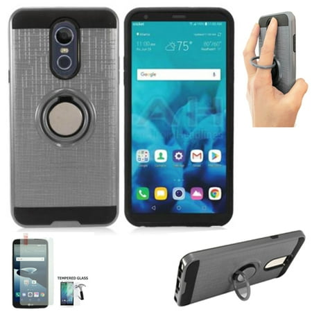 Phone Cases For Boost Mobile Lg Phone Case for Straight Talk LG Stylo 4 Prepaid / Boost Mobile LG Stylo 4 Case / LG Stylo 4 Case / Stylo 4 Plus Tempered Glass with Finger Holder (Ring-Stand Gray-Black TPU/Tempered Glass) ()