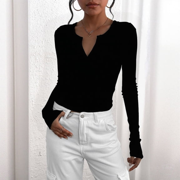 MVRLSH Long Sleeve Shirts For Women Long Sleeve V Neck Basic Slim Fit Crop Tops Fashionable Fall Casual Outfits Clothes Black S-Xxl