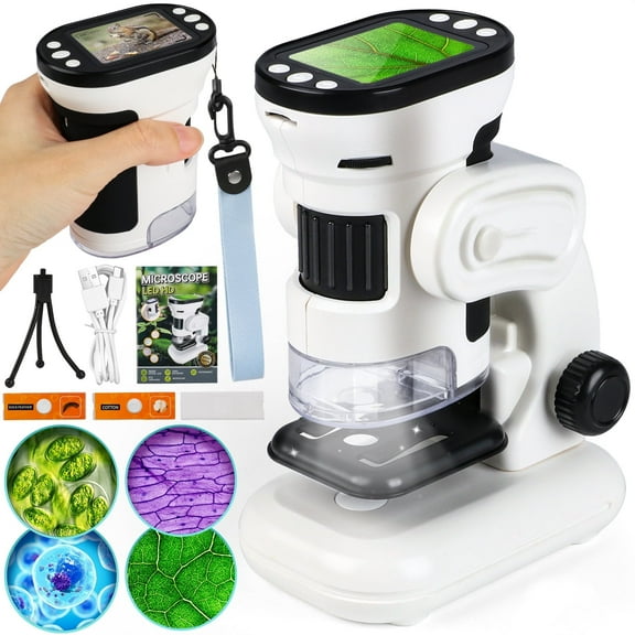 Huge Wave Microscope for Kids, 1000X Handheld Kids Microscope with Adjustable LED Lights, with 2” LCD Screen, Education Toy Gift for Boys & Girls Age 6-12