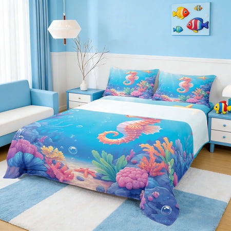 Manfei Watercolor Seahorse Coral Starfish Full Size Sheets for Kids Boys and Girls Ocean Marine Life Print Bed Sheets 4-Piece 1 Flat Sheet 1 Fitted Sheet and 2 Pillowcases