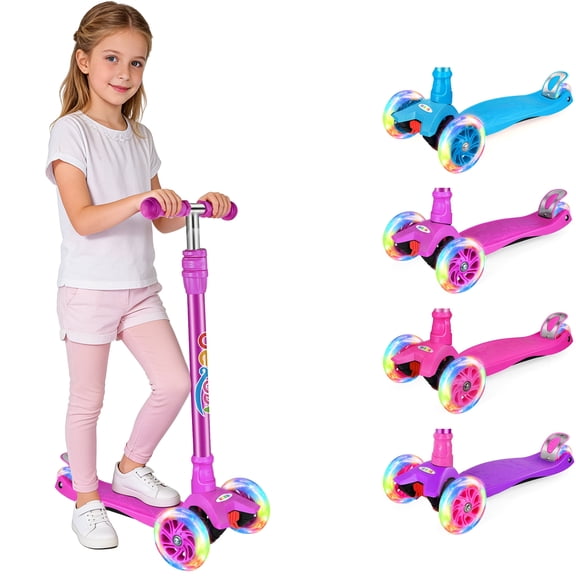 BELEEV Scooters for Kids, 3 Wheel Kick Scooter for Toddlers, 4 Adjustable Height, Lean to Steer, Light up Wheels, Extra-Wide Board for Ages 3-14, Purple
