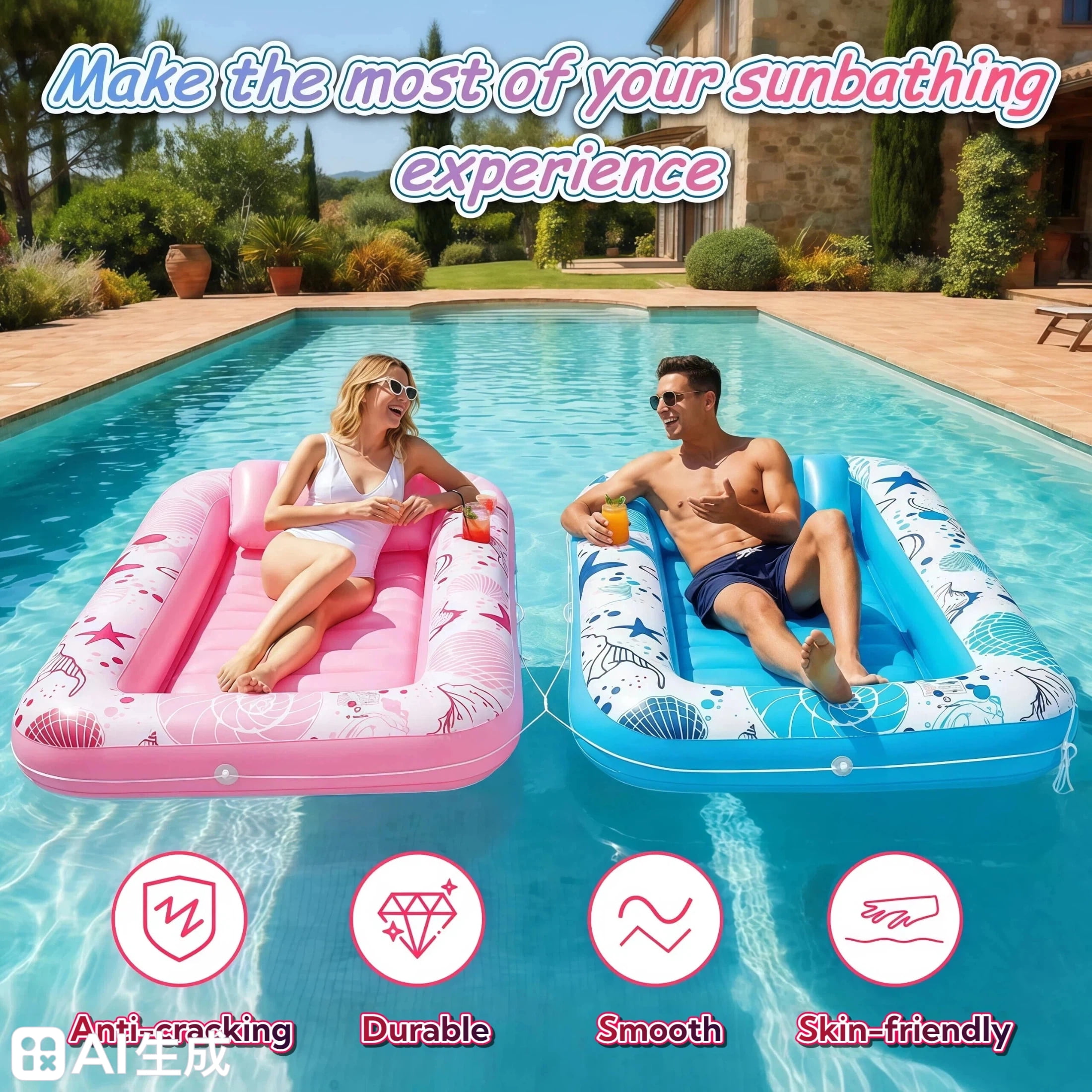 Teblint Inflatable Tanning Pool Rafts for Adults, 70" x 46" Pool Floats with Pillow, 4-in-1 Suntan Tub Raft Floatie, Sunbathing Bed Lounge for Water Backyard, Blow up Kids' Ball Pit, Pink