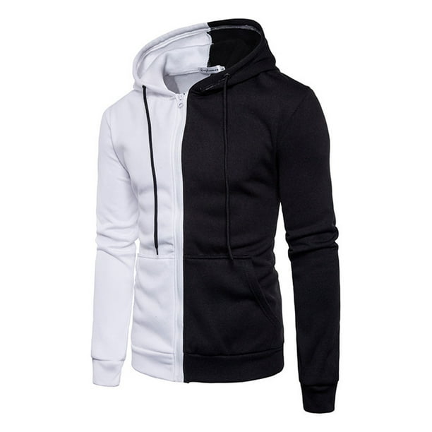 Tenmix Mens Zip Up Hooded Sweatshirt Soft Outwear Color Block Workout  Hoodies Jackets Long Sleeve Hoodie Jacket White XL