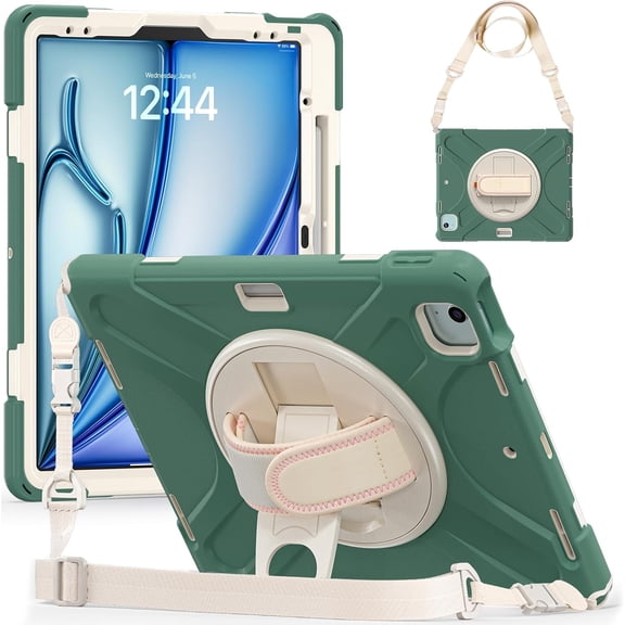 REQO Case Compatible with iPad Air 13 inch M3/ M2 (2025/2024) with Pencil Holder, Portable Hybrid Shock-Proof Rotatable Kickstand,Shoulder Strap