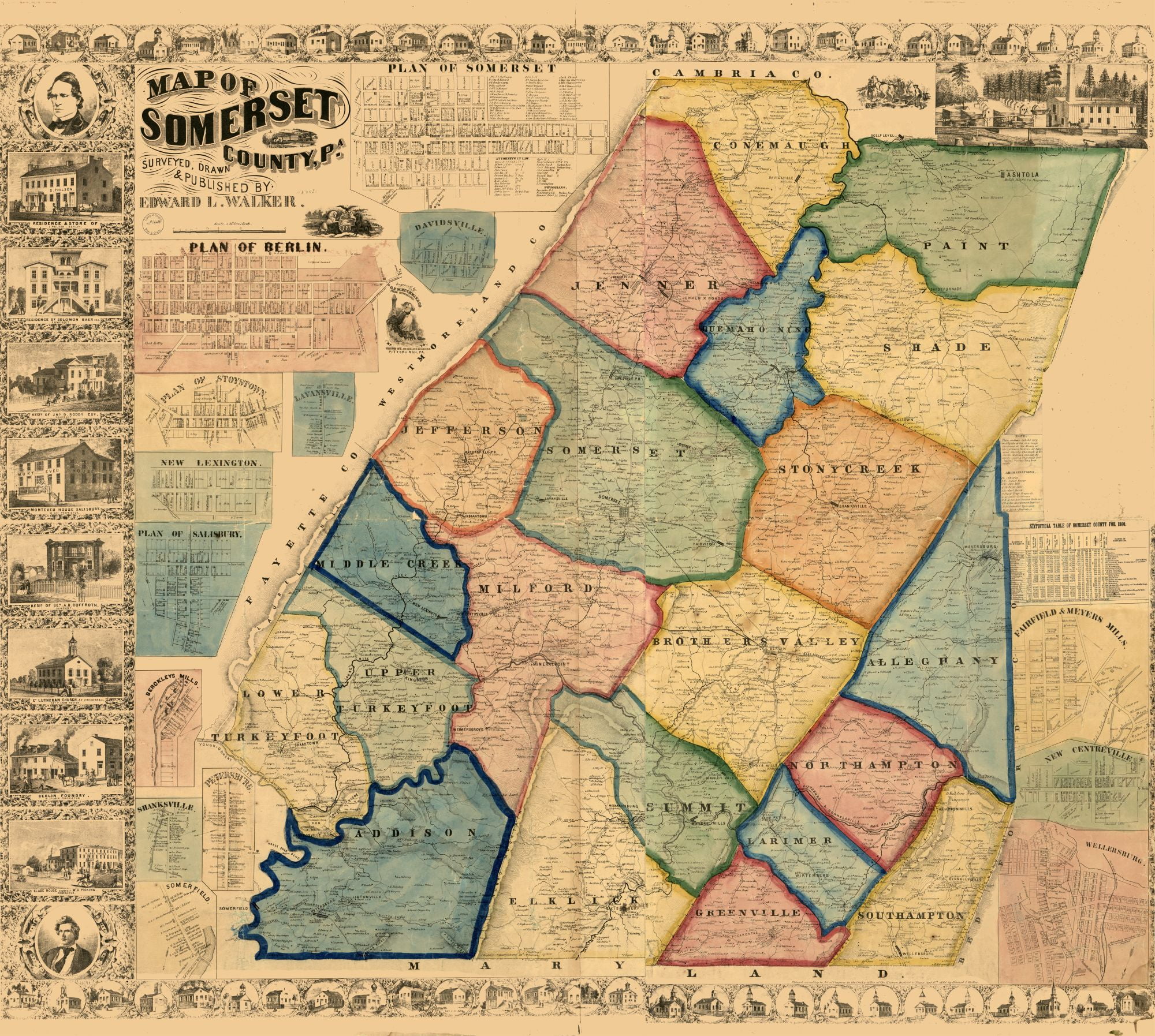 Somerset County Pennsylvania Walker 1860 25.63 x 23