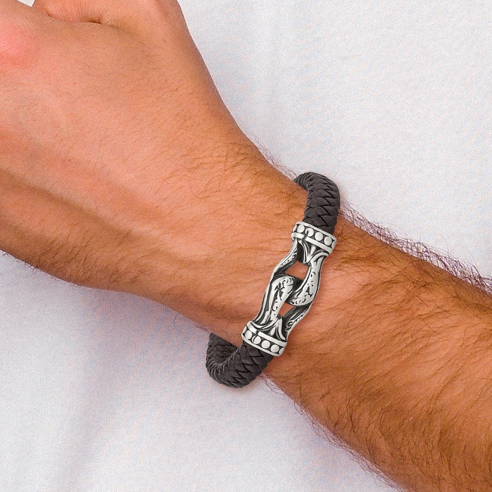 Diamond2Deal Stainless Steel Antiqued and Polished Dark Brown Braided Faux Leather Bracelet for Men 8.5"