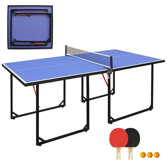 6ft Mid-Size Table Tennis Table, Foldable & Portable Ping Pong Table Set For Indoor & Outdoor Games With Net, 2 Table Tennis Paddles And 3 Balls