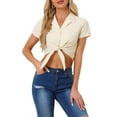 thumbnail image 1 of CAMISA CORTA DE MUJER CON RAYAS Y BOTONES, MANGA CORTA, CON NUDO EN LA PARTE FRONTAL, TALLA XL, BEIGE, 1 of 6