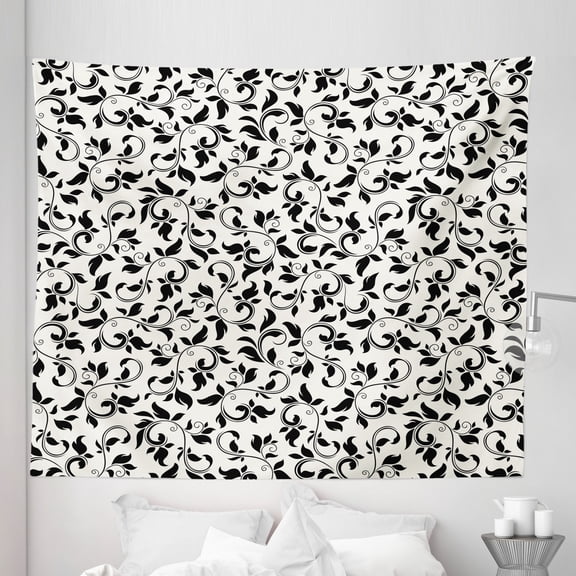 Leaf Tapestry, Monotone Pattern Swirled Skinny Branches Leaves Old Fashioned Scroll, Fabric Wall Hanging Decor for Bedroom Living Room Dorm, 5 Sizes, Black Cream, by Ambesonne