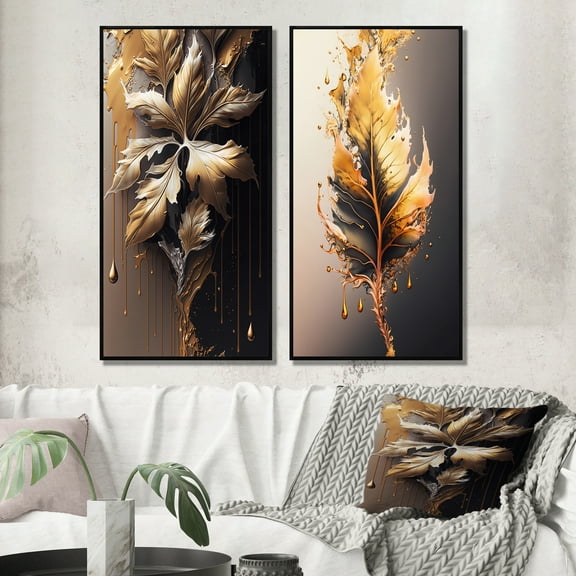 Designart "Abstract Gold Leafage I" Leaves Framed Wall Art Set Of 2 - Gold Floral Gallery Wall Frame Set For Home Decor