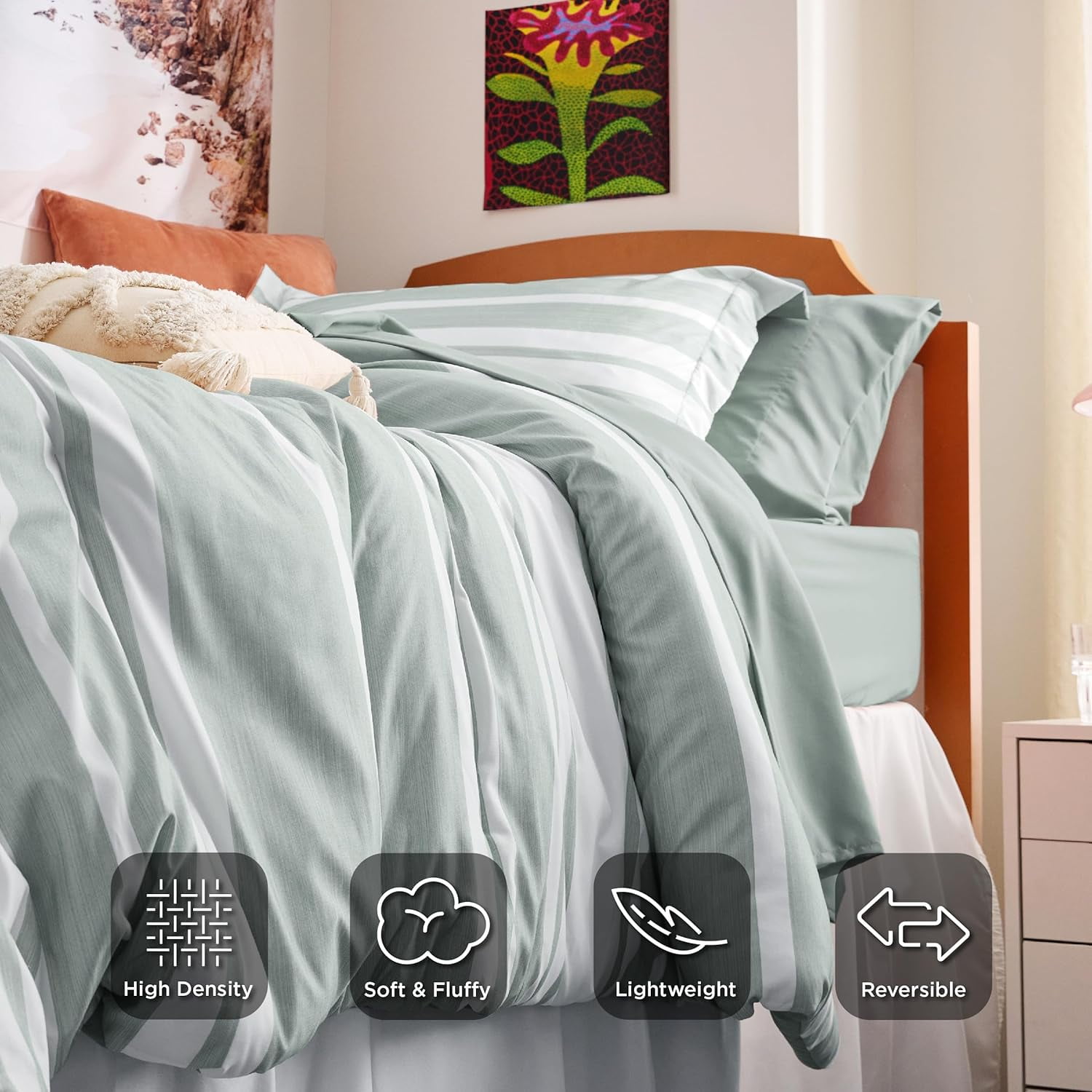 U by Bedsure Full Comforter Set, 7 Pieces Sage Green Striped Bedding Sets All Season, Bed in a Bag with Comforter, Sheets, Pillowcases & Shams