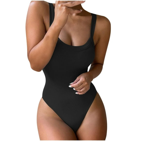 Penkiiy Womens Scoop Neck Sleeveless Tank Top Bodysuits Sexy Backless Ribbed Body Suits Jumpsuit Black Shapewear Tummy