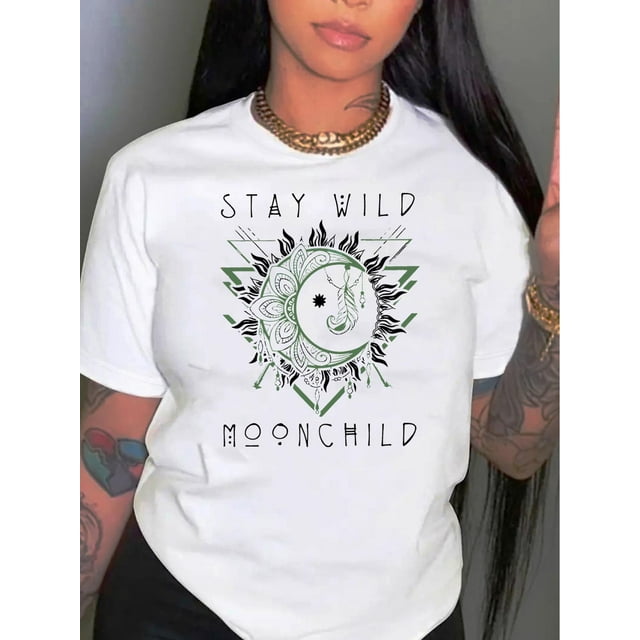 1 Pce Moonchild Mandala Graphique Tee, T-Shirt Décontracté à Col Rond Manches Courtes pour Femmes, Tissu en Polyester Extensible Moyen, Mode Toutes Saisons Fête des Pères, Fête des Mères, Nouvel An, Festival de Printemps