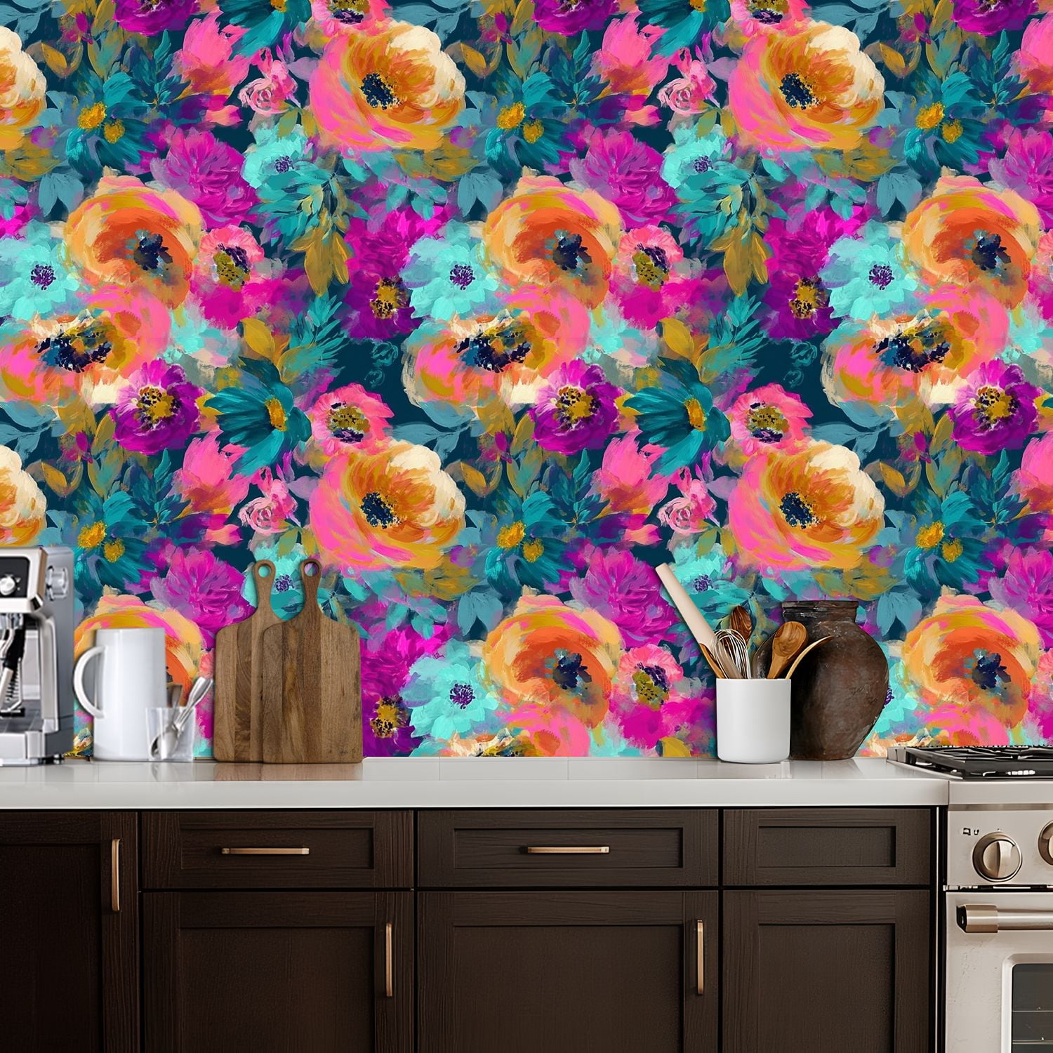 Peel and Stick Wallpaper Vibrant Floral Bouquet Bold Pink Purple Orange Flowers Wall Mural 17.7in x 9.8ft Self Adhesive Removable Wall Paper Renter Friendly Wallpaper for Nursery Bedroom Cabinets