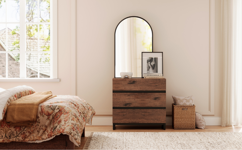 WAMPAT Dresser for Bedroom, Closet Organizers and Storage with 3 Drawers, Chest of Drawers with Metal Base, Modern Wood Dresser for Living Room, Hallway, Entryway, Brown