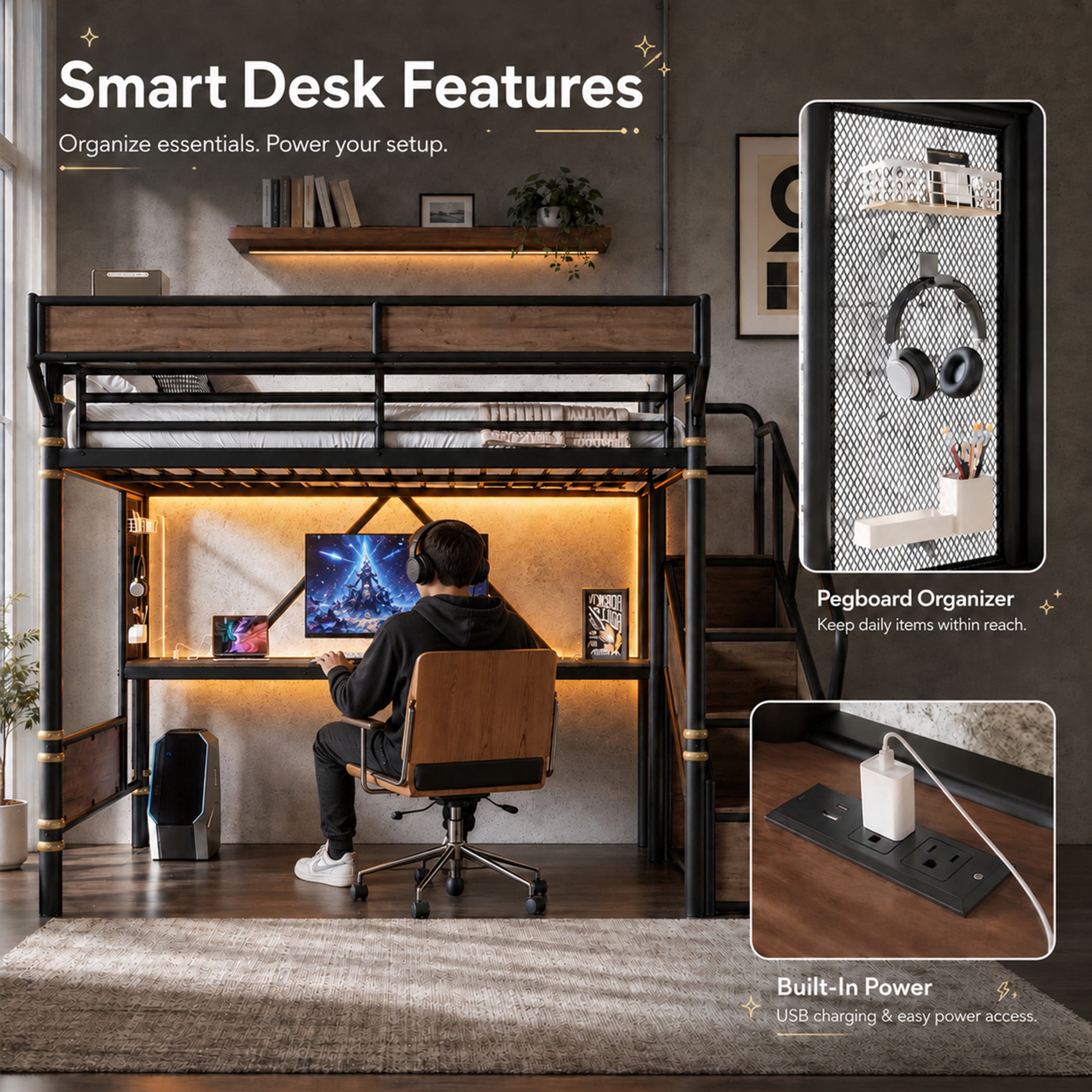 GDF Studio Queen Size Metal Loft Bed with Desk, Power Outlet, LED Light, Storage & Wardrobe, Black