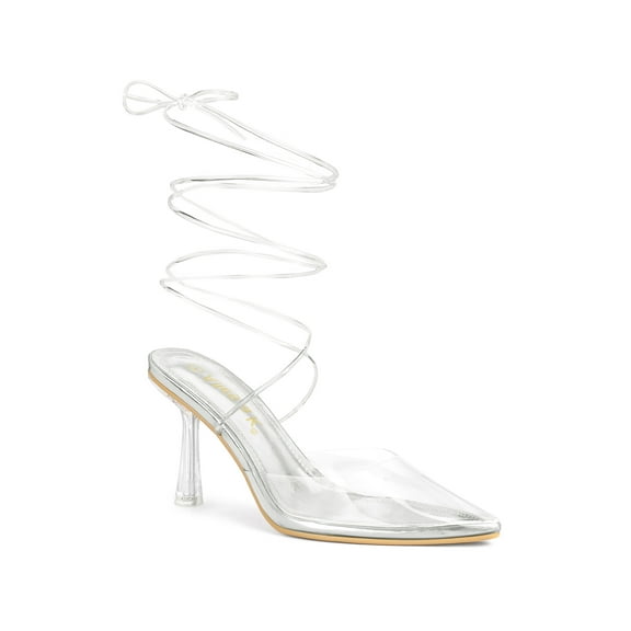 BLISSFUL STEP Women's Pumps Stiletto Heels Lace up Clear Heel Pumps Silver 7