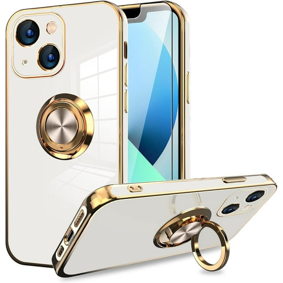 Compatible with iPhone 13 Case 6.1 Inch with Screen Protector Plating Built-in 360 Rotation Magnetic Ring Kickstand Holder Soft Slim Edges Shockproof Bumper Protective Cover (White)