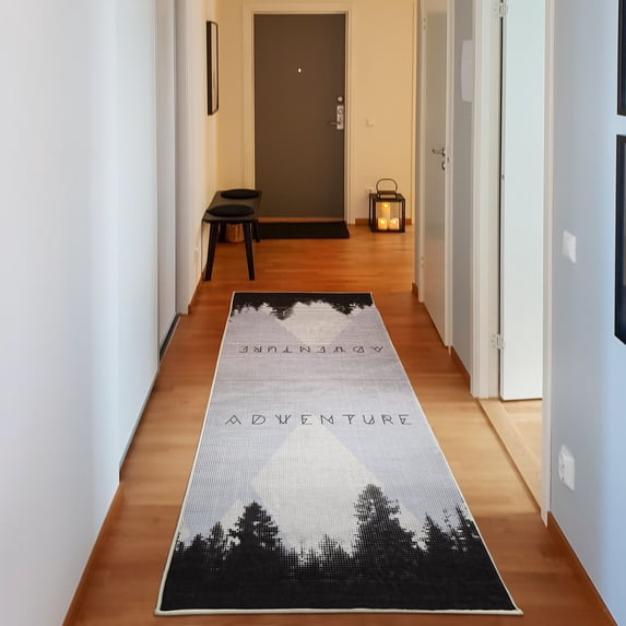 Adventure Decorative Rug, Forest Halftone Effect Hipster Typography Camping in Mountains, Quality Carpet for Bedroom Dorm and Living Room, 6 Sizes, Pastel Purple, by Ambesonne