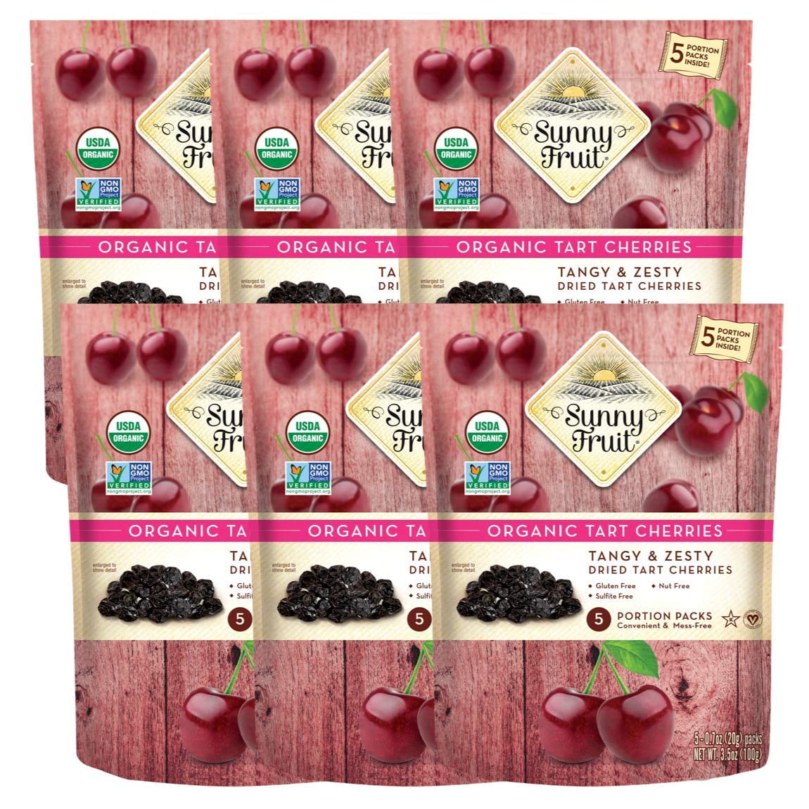 ORGANIC Dried Tart Cherries Sunny Fruit (6 Bags) (5) 0.7oz Portion Packs per Bag Purely