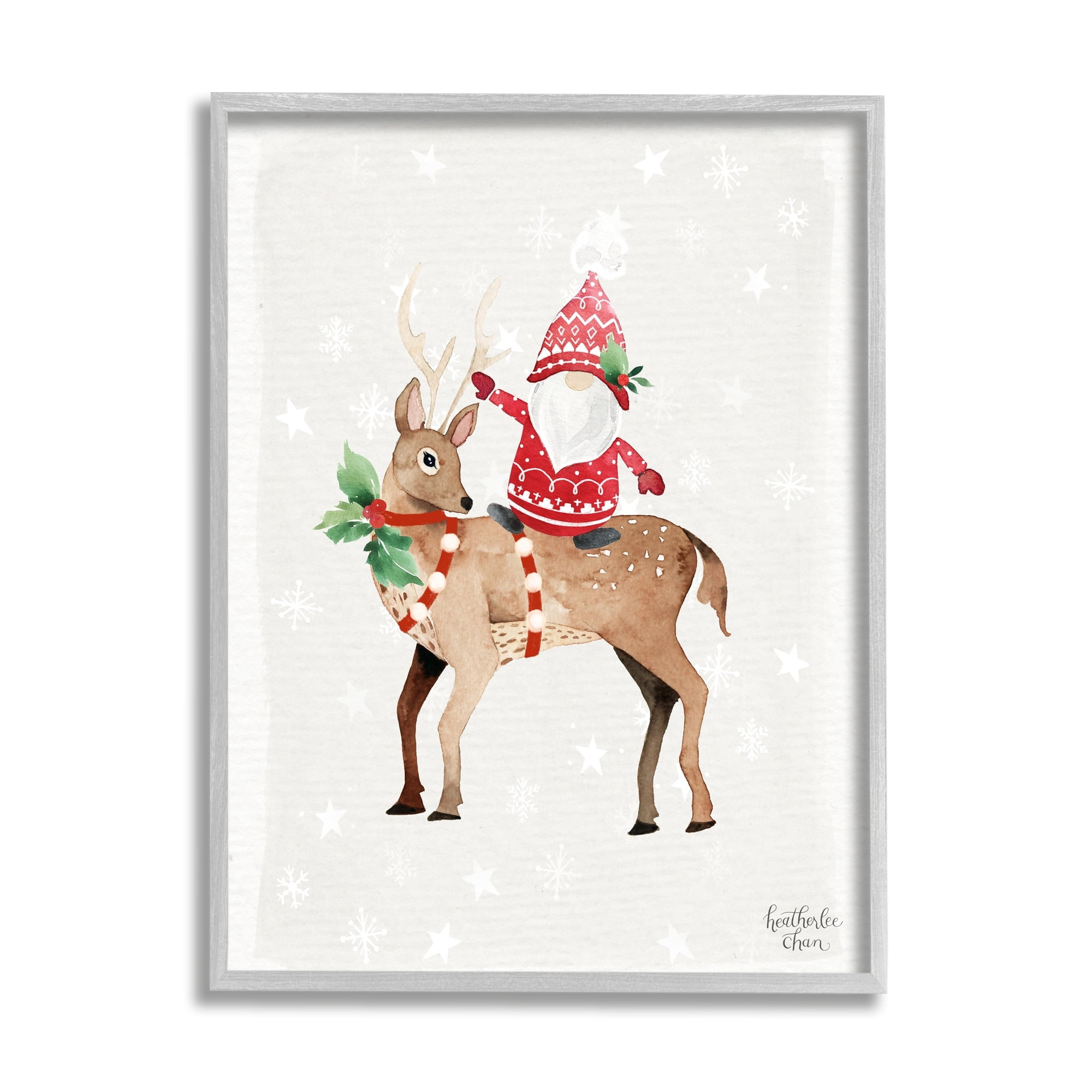 Stupell Industries Santa Claus Gnome Reindeer Holiday Patterned Stars Painting Gray Framed Art Print Wall Art, Design by Heatherlee Chan