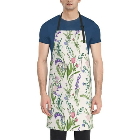 

Qekee Wisteria Flower Print Waterproof Apron with Pockets Adjustable Cooking Aprons Kitchen Bib for Baking Household Cleaning