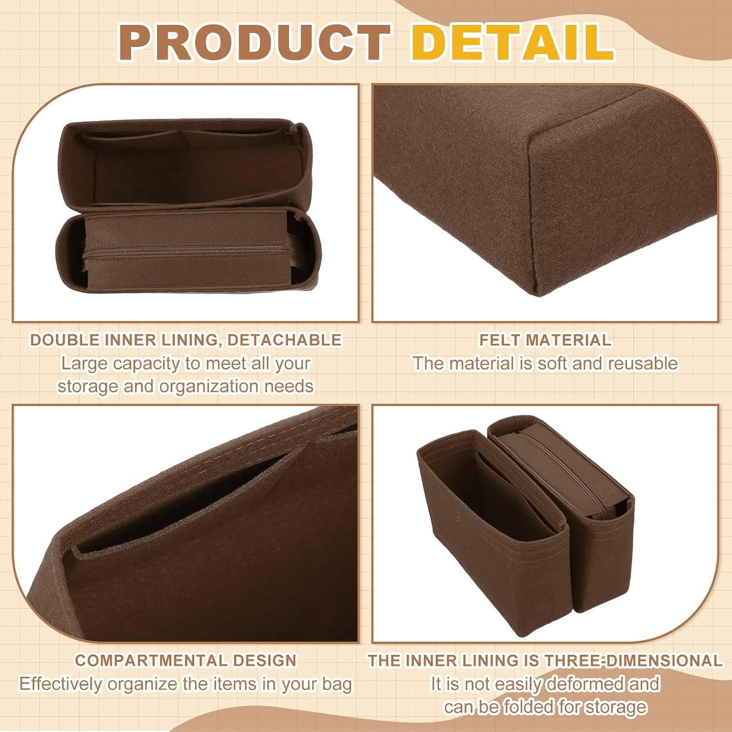 Purse Organizer Insert Set 8.7x2.4x5.5 Portable Felt Bags, Coffee ...