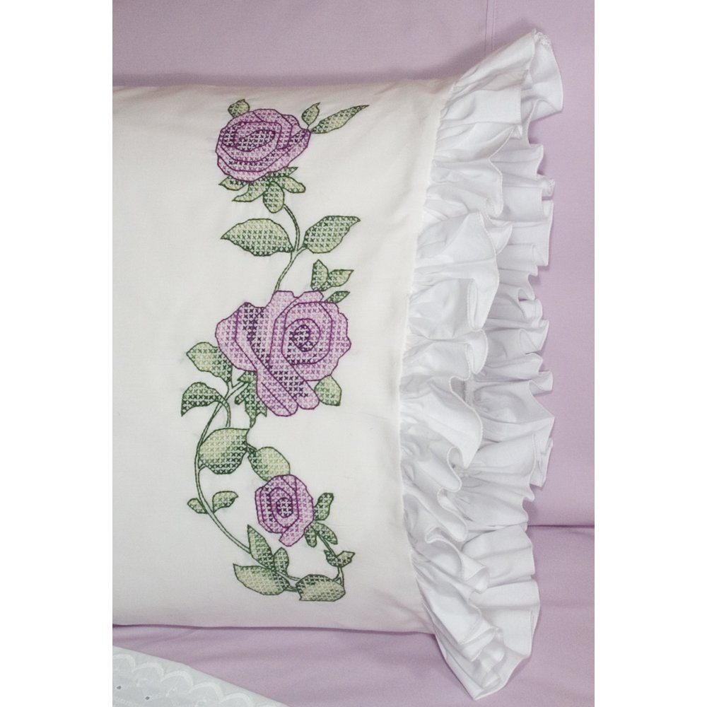 Fairway Needlecraft Rose Vine Stamped Lace Edge Pillowcase Pair, 30" x