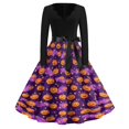 thumbnail image 2 of Women's Halloween Dress Candy Witch Hat Long Sleeve Hepburn Cocktail Funny Dress V Neck 1950s Fall Casual Tea Length Dress with Belt XL, 2 of 5