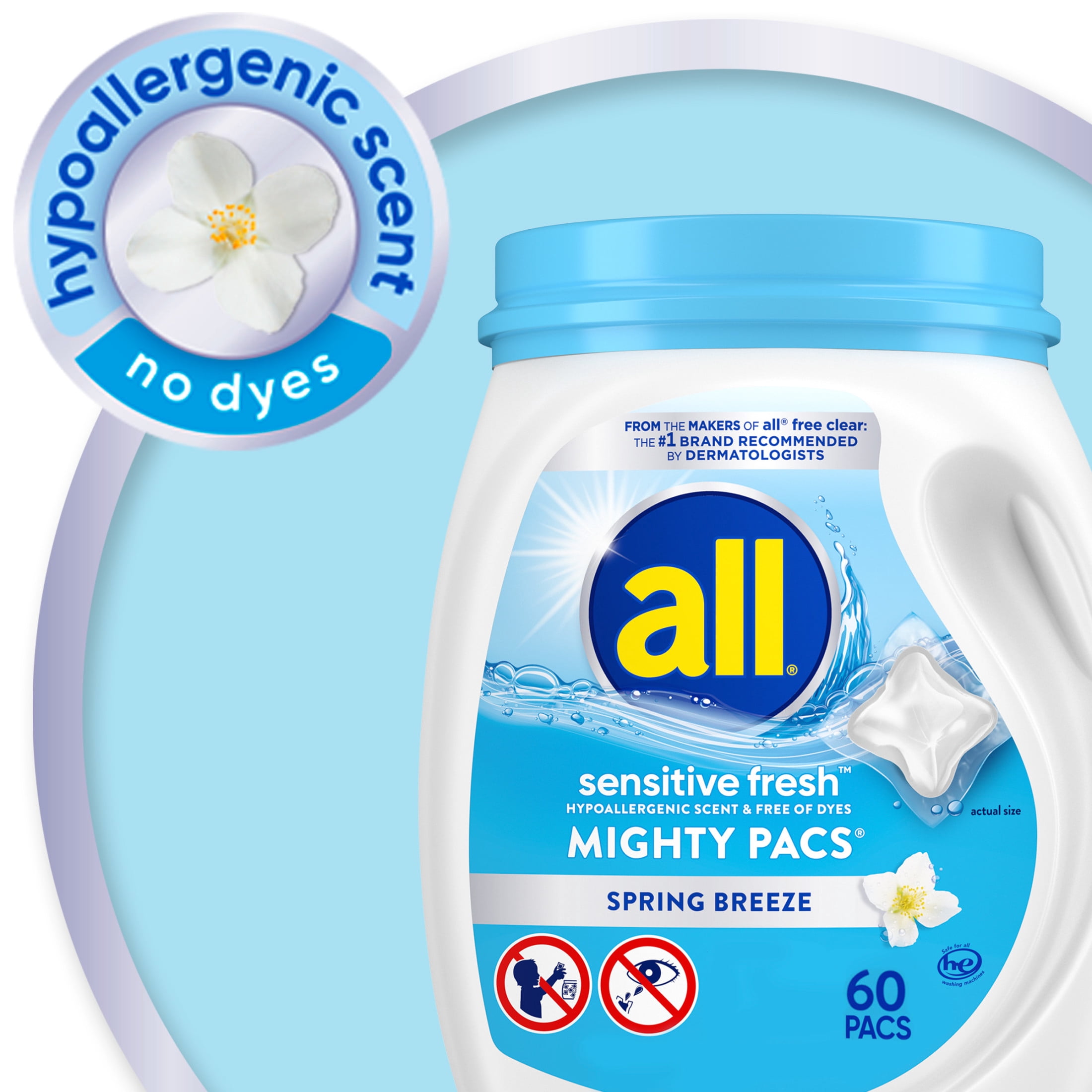 (2 pack) all Sensitive Fresh Mighty Pacs Laundry Detergent Pacs, Hypoallergenic Spring Breeze Scent, Gentle for Sensitive Skin, 60 Count, HE Compatible