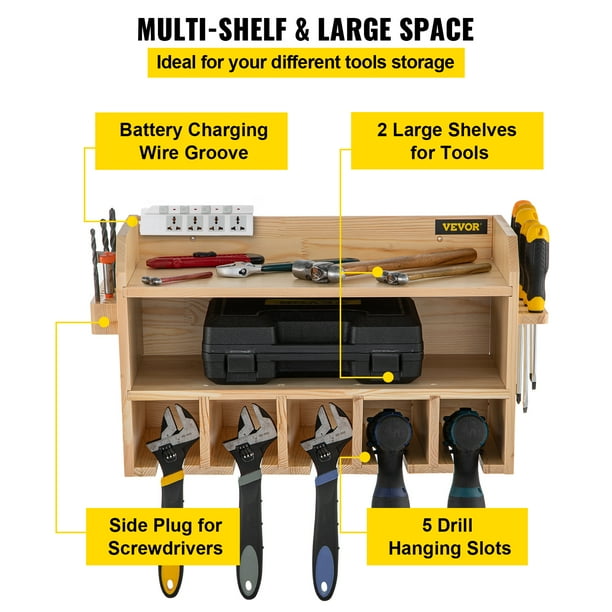 VEVOR Power Tool Organizer, Wall Mount Drill Holder, 5 Drill Hanging Slots Drill  Charging Station, 2-Shelf Cordless Drill Storage, Polished Wooden Toolbox  for Saw, Impact Wrench, Screwdriver Drill - Walmart.com