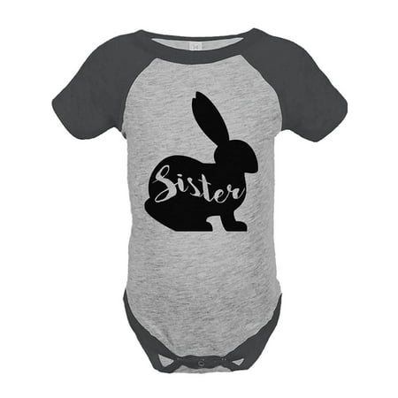 

Custom Party Shop Baby Girls Sister Bunny Happy Easter Grey Onepiece