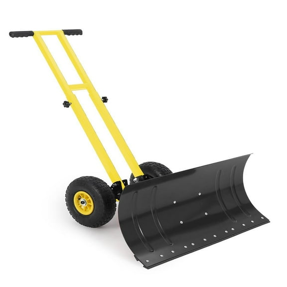 Ataucjin Wheeled Snow Plow Shovel, Heavy-Duty Steel Black Blade with Double Handle, 5 Angles, 2 Wheels, Back Saver Pusher for Snow Removal on Driveway, Sidewalks and Doorways