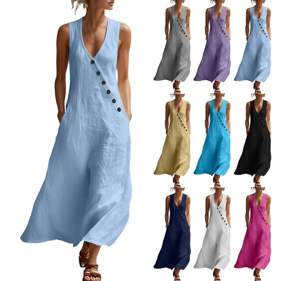 Lovzfmll Shift Dress for Women, Solid Color V-Neck Sleeveless, Casual Design Maxi Dress Blue, S