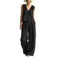 thumbnail image 3 of VBVC Women's V-Neck 2 Piece Pleated Set,Sleeveless Top and Wide Leg Pants For Women, Ladies' Breathable Summer Loungewear With Pockets,Black,S-3XL, 3 of 9