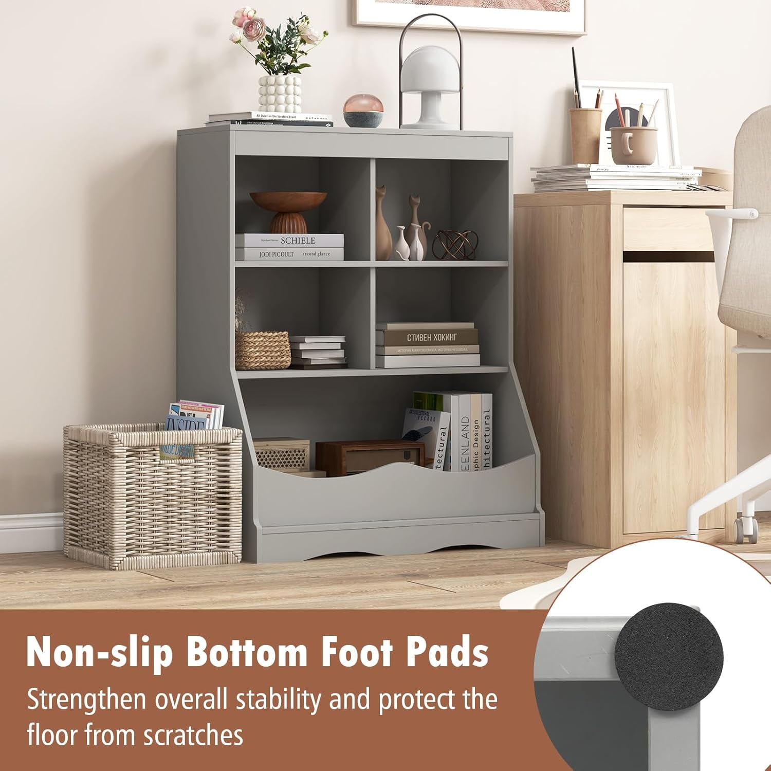LINJH Storage Cabinet, Small Bookshelf, Short Bookcase with 4 Open Cube & Bottom Compartment, Anti-Tipping Device, Foot Pads, Cubby Storage Organizer for Study, Living Room-Grey