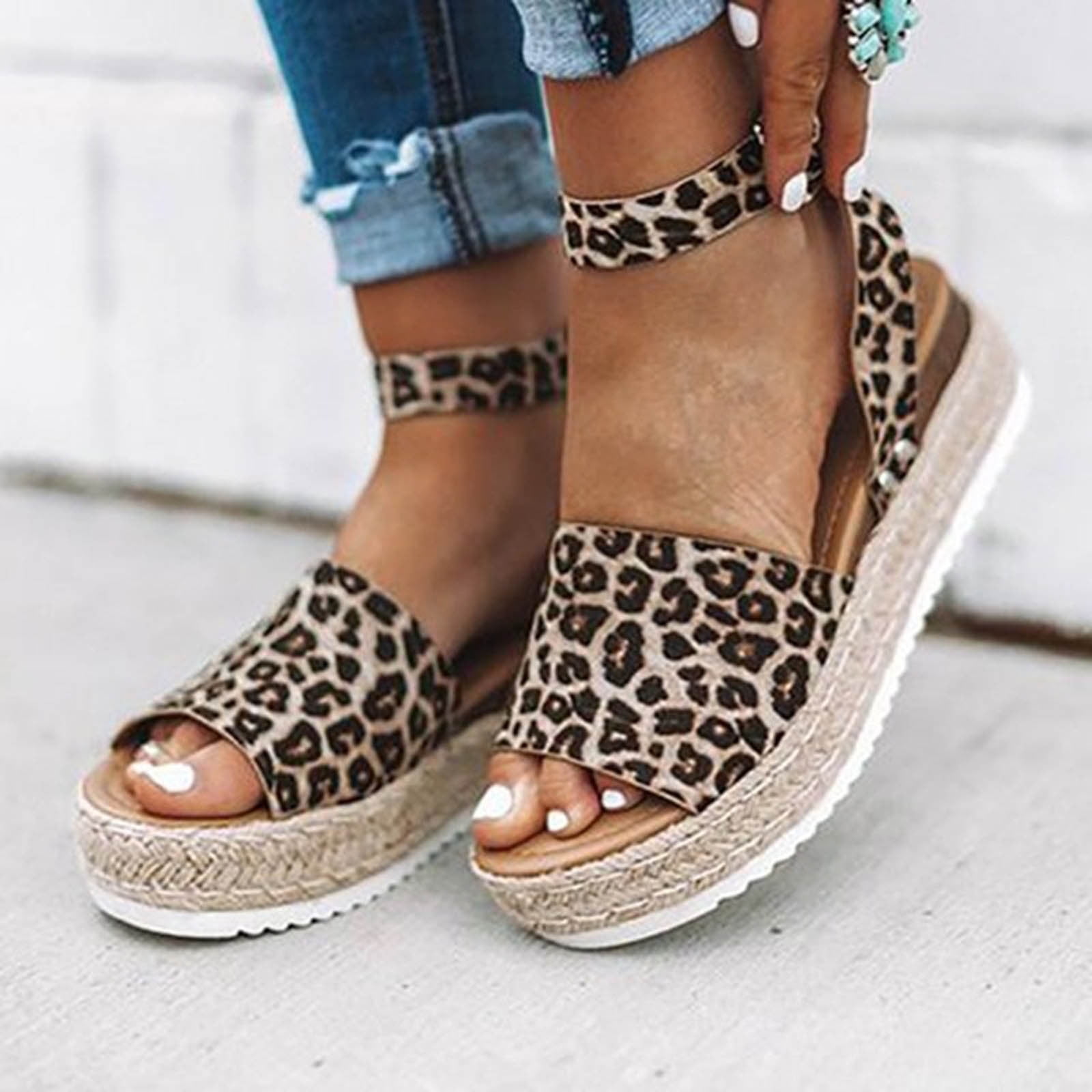Wedges for Women Summer Casual Leopard Espadrille Platform Sandals Comfort Open Ankle Strap Sandal - Walmart.com