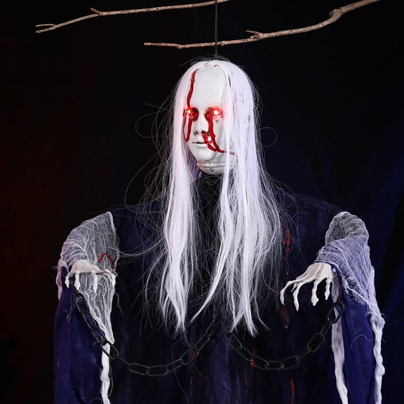 Life Size Halloween Posable Women Ghost Decorations,Sound Activated Hanging Ghost Props with Chains,67" Scary Lighted Red Eyes Women Ghosts Decor for Haunted House,Porch Lawn,Flying Zombie Decor