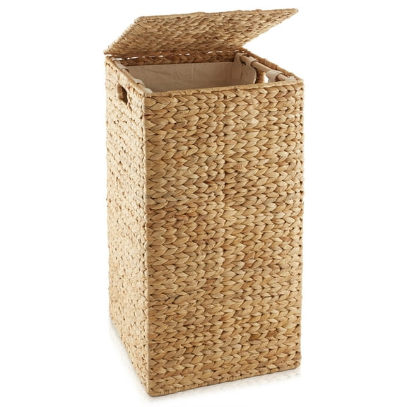 REKHH Laundry Hamper with Lid and Removable Liner Bag , Woven Water Hyacinth Square Laundry Basket Sorter for Clothes and Towels,Natural