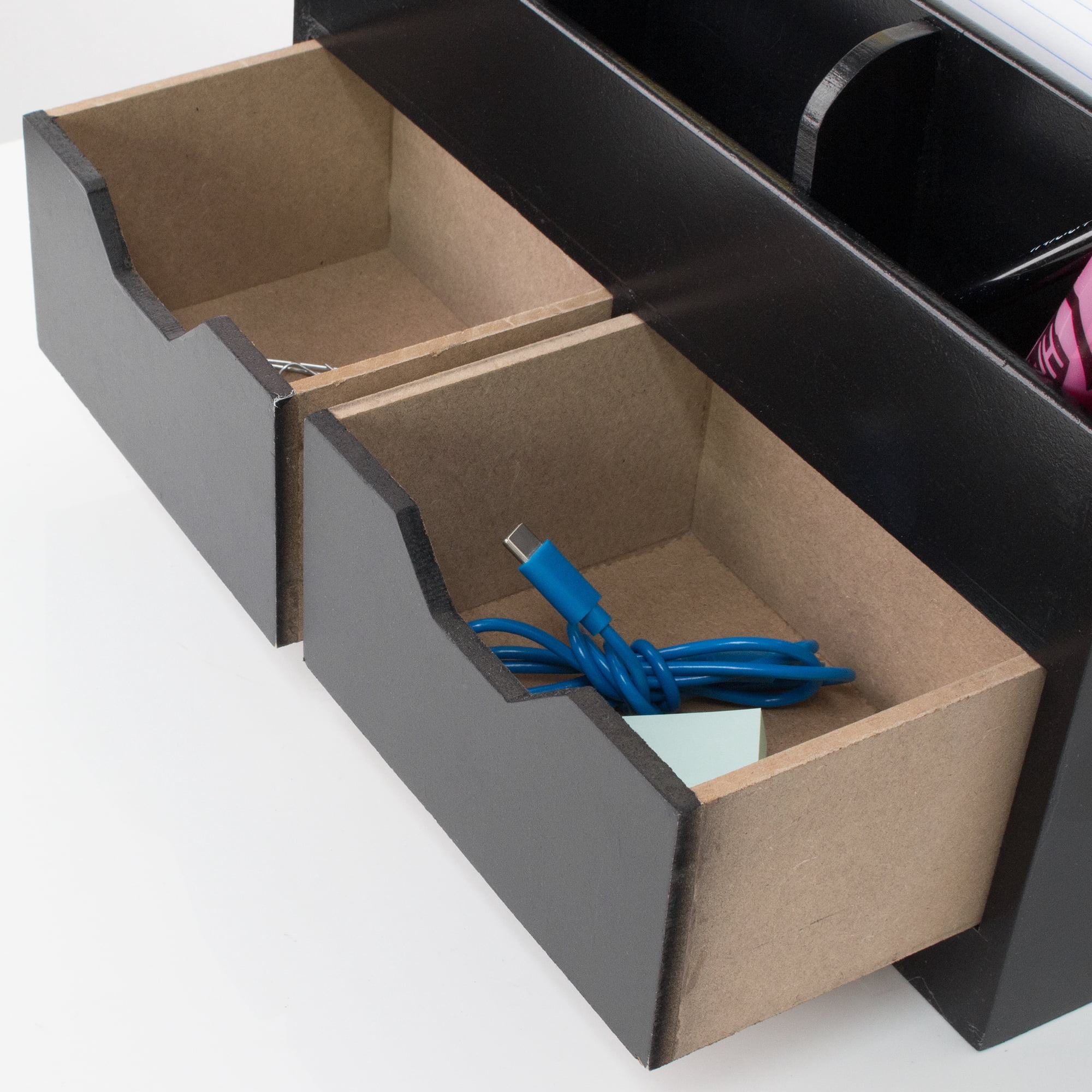 American Art Decor Space Saving Desk Organizer Pen Storage with Drawers & USB Port for Charging - Black Accessory Set