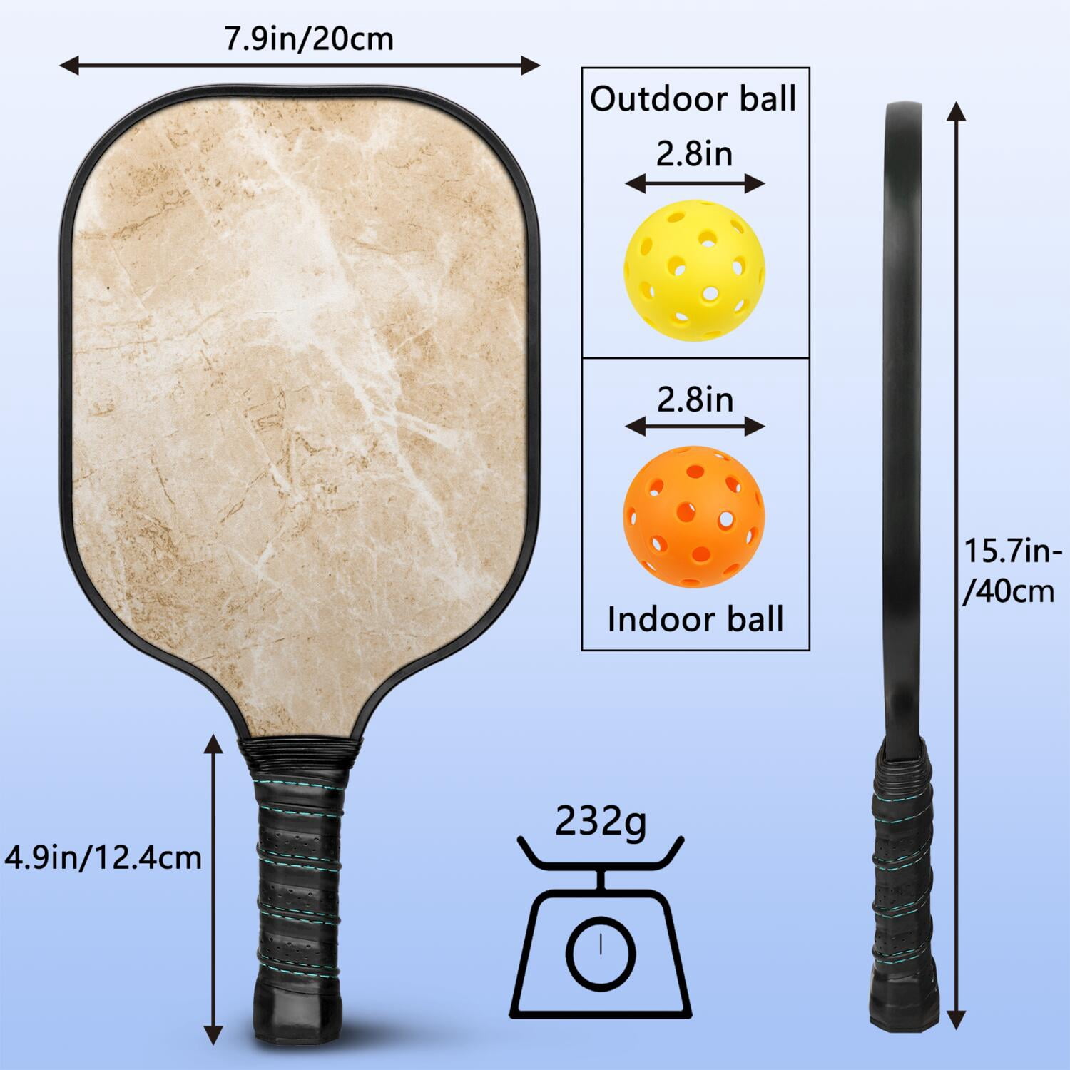 Pickleball Paddles Set Of 2, Fiberglass Surface, Turquoise Marble Pattern, 4 Balls & Bag