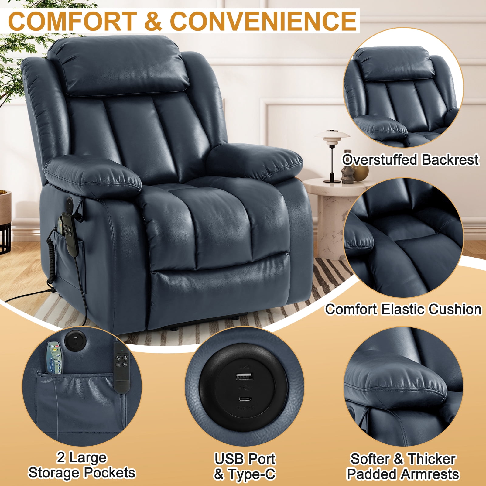 INGALIK Power Lift Recliner Chair Dual Motor, Infinite Position Lay Flat Recliners for Adult & Elderly with Heat & Massage, Large, Type-C Charge, Lumbar Pillow for Living Room, Leather (Blue)