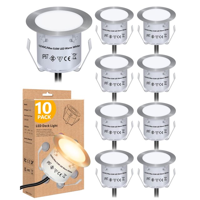 Kits de luces LED empotrables para cubierta (paquete de 10) 12 V Iluminación de paisaje de bajo voltaje IP67 Luces de escalera para exteriores a prueba de agua Iluminación de cubierta blanca cálida pa