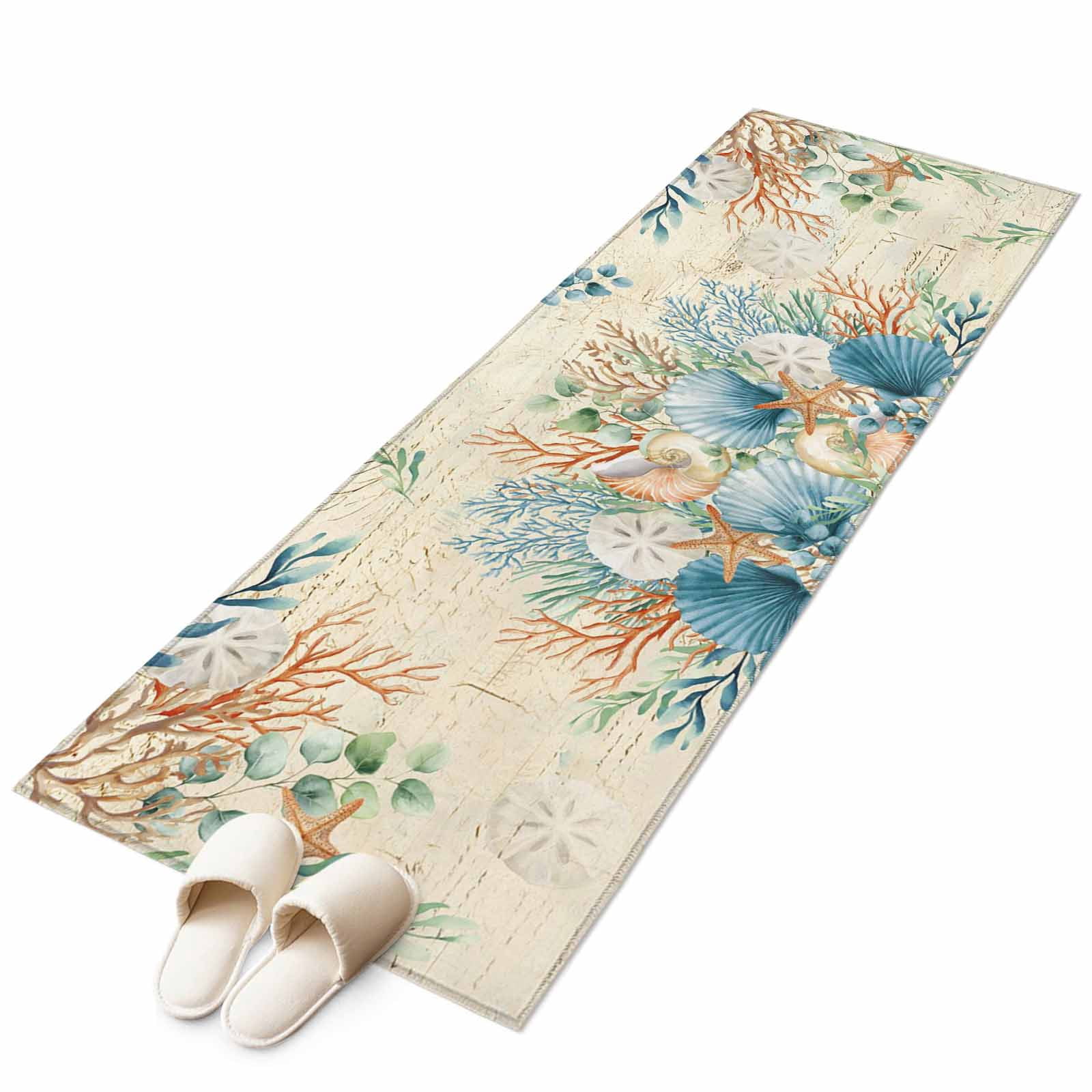 Kitchen Runner 2 x 6 Ft, Beige Beach Coastal Non-Slip Residential Carpet, Summer Nautical Coral Shell Botanical Indoor Crawling Mats Runner Rugs for Living Room/Dining Room/Bedroom