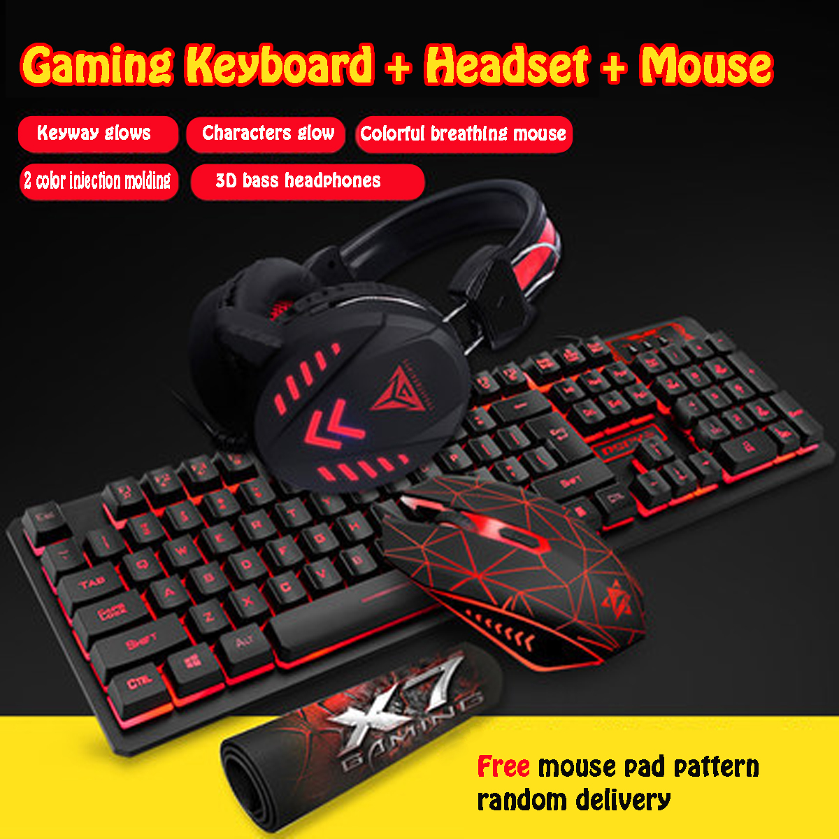 3 in 1 Mechanical Keyboard and Mouse and Headset Combo,104 Key Wired LED Backlit Gaming Keyboard and 4 Adjustable DPI 6 Button Mouse and USB Headset with Mic, Mouse Pad as a Gift - image 2 of 9