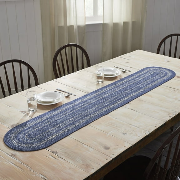 VHC Brands Great Falls, Braided Jute Table Runner, Oval, Blue, 13x72